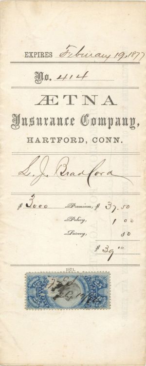 Aetna Insurance Co. - 1872-1877 dated Insurance Policy - Americana