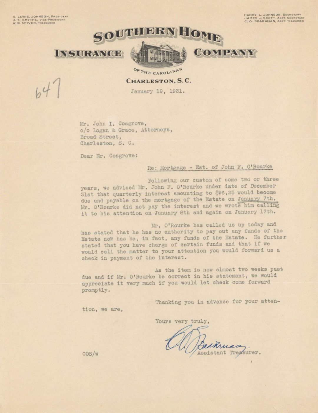 Southern Home Insurance Co. Letter - 1931 dated Insurance Letter - Americana