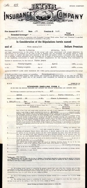 Aetna Insurance Co. Policy - 1920's to 1940's Insurance Policy