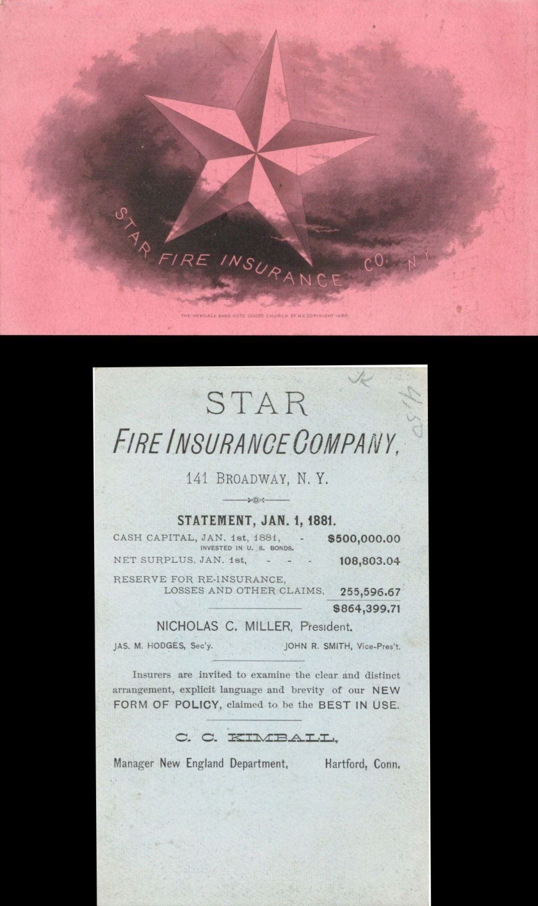Advertising Card for Star Fire Insurance Company dated 1881 -  Insurance