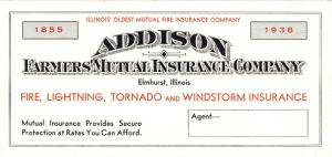 Advertising Card for Addison Farmers' Mutual Insurance Company dated 1855- 1938 -  Insurance