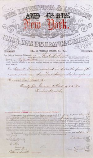 Liverpool and London and Globe Fire and Life Insurance Co. - 1860 dated $2,500 Bond