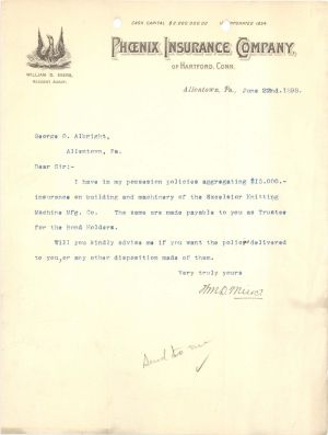 Phoenix Insurance Company of Hartford, Conn. Letter - 1898 dated  Insurance