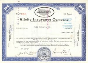 Allcity Insurance Co. - 1971 dated Stock Certificate