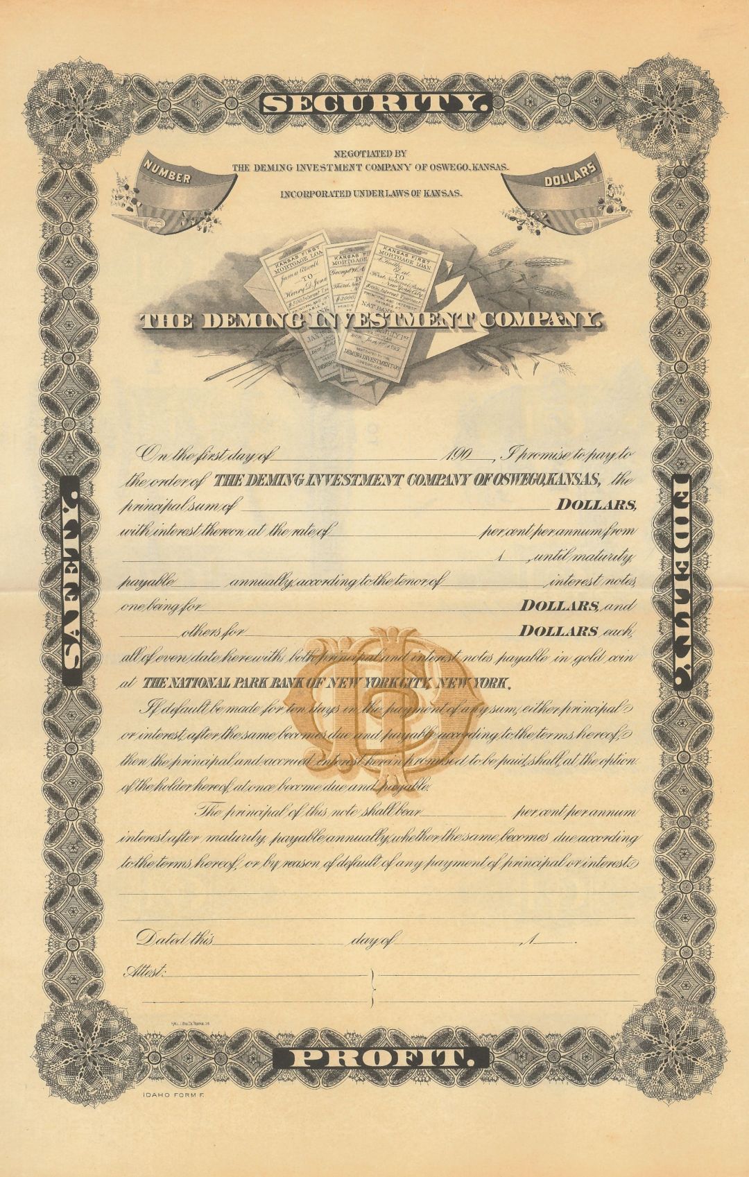 Deming Investment Company - circa 1900's Unissued Bond - Oswego, Kansas