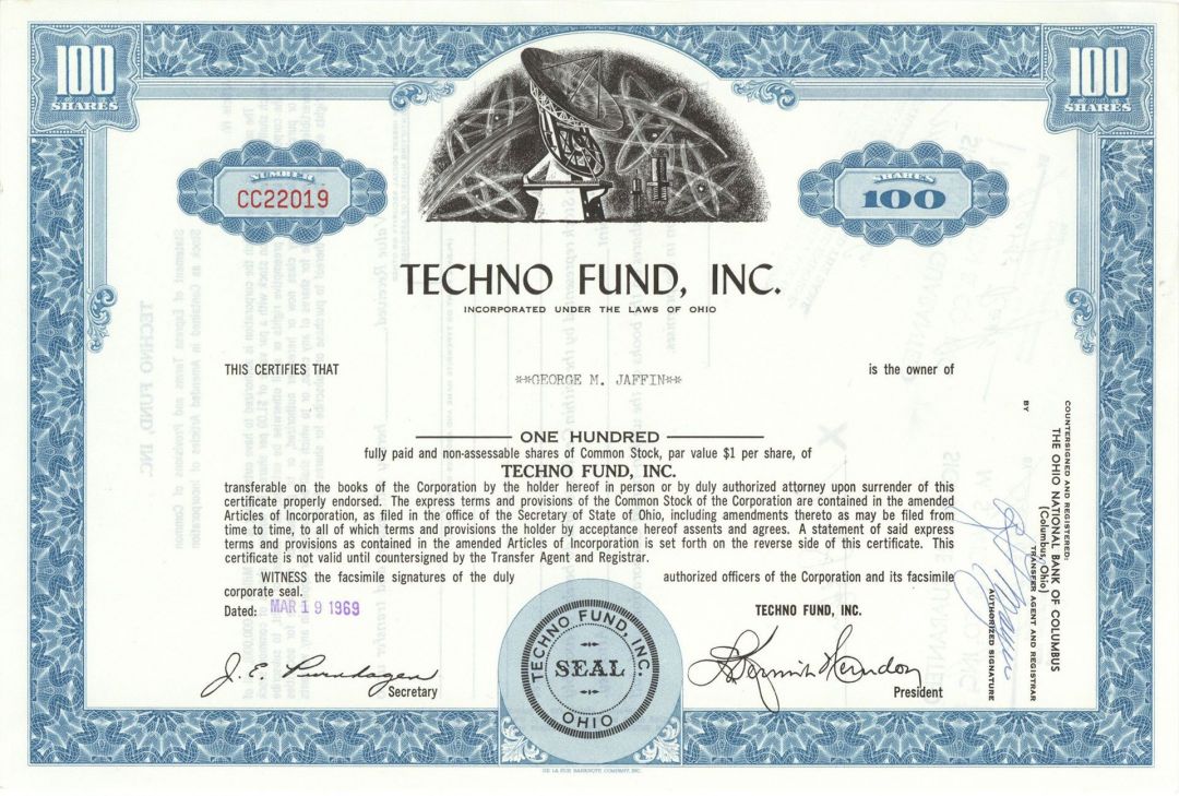 Techno Fund, Inc. - Investment Stock Certificate