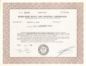World-Wide Realty and Investing Corp. - 1968-1972 dated Real Estate Stock Certificate