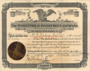 Wheatfield Investment Co. - 1895 dated Financial Stock Certificate