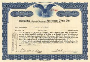 Washington (District of Columbia) Investment Trust, Inc. - 1922 dated Stock Certificate