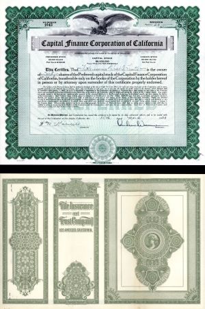 Capital Finance Corporation of California - 1933 dated Stock Certificate