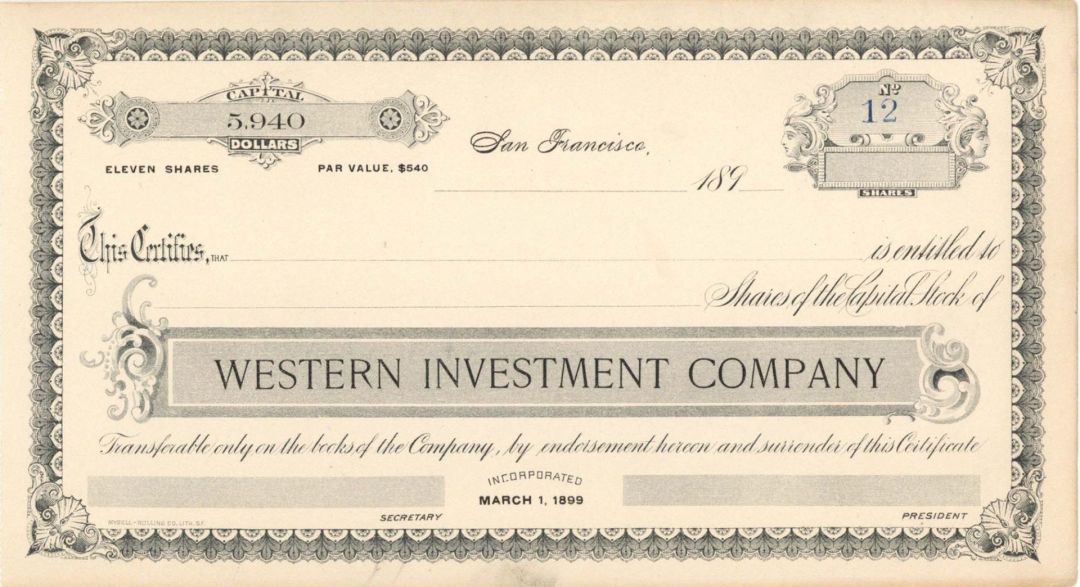 Western Investment Co.  -  Unissued Stock Certificate