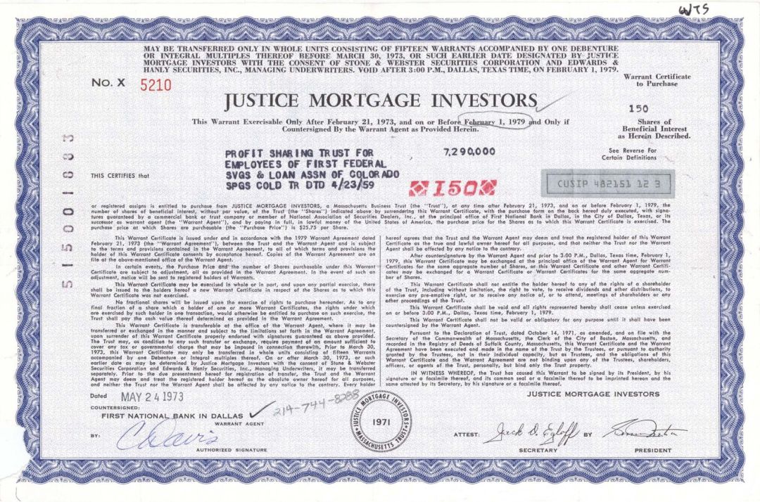 Justice Mortgage Investors -  1973 dated Stock Certificate