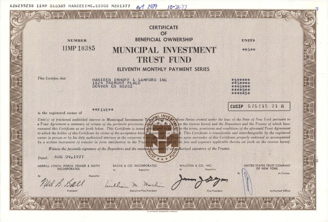 Municipal Investment Trust Fund -  1977 dated Stock Certificate