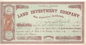 Land Investment Co. - 1871 dated Stock Certificate