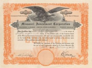 Missouri Investment Corp. - 1927 dated Stock Certificate