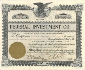 Federal Investment Co.  - 1907 dated Stock Certificate