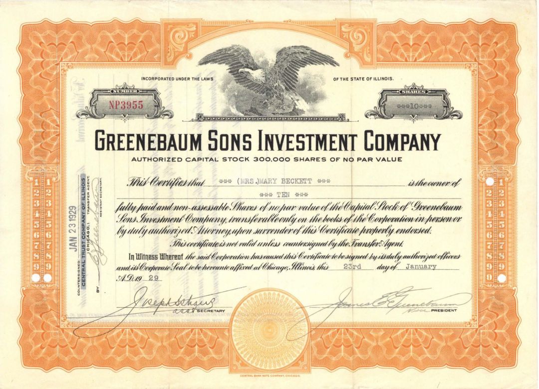 Greenebaum Sons Investment Co.  - 1929 dated Stock Certificate