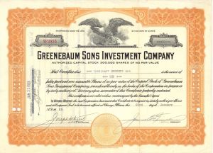 Greenebaum Sons Investment Co.  - 1929 dated Stock Certificate