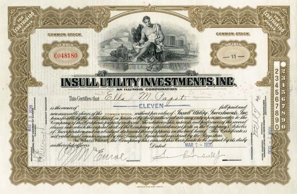 Samuel Insull, Jr. signed Insull Utility Investments Inc. - 1930 dated Autograph Stock Certificate (Uncanceled)