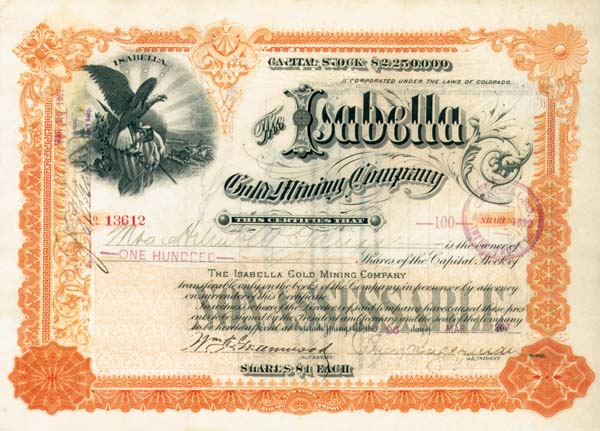 Isabella Gold Mining Co. - Stock Certificate