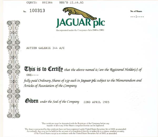 Jaguar plc-England - Stock Certificate (Uncanceled)