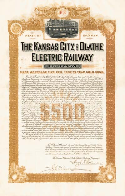 Kansas City and Olathe Electric Railway - Bond (Uncanceled)