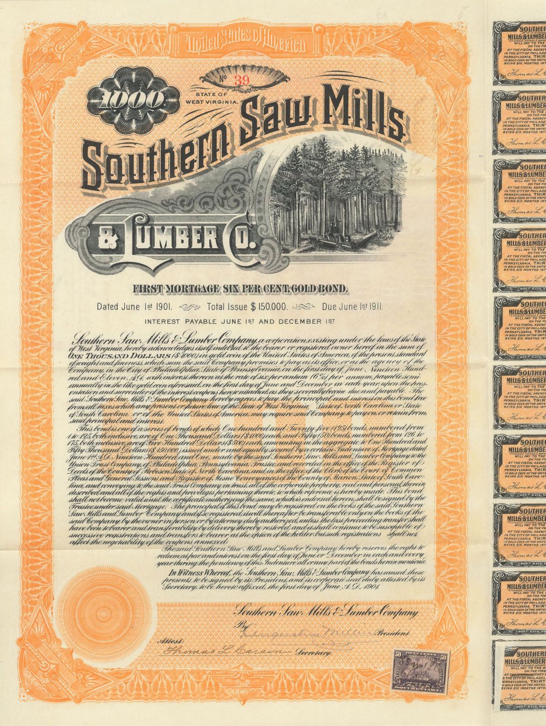 Southern Saw Mills and Lumber Co. - Bond (Uncanceled)