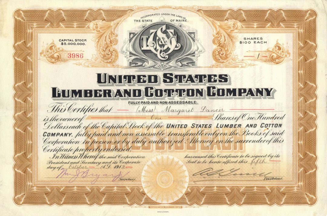 United States Lumber and Cotton Co. - 1912-22 dated Stock Certificate