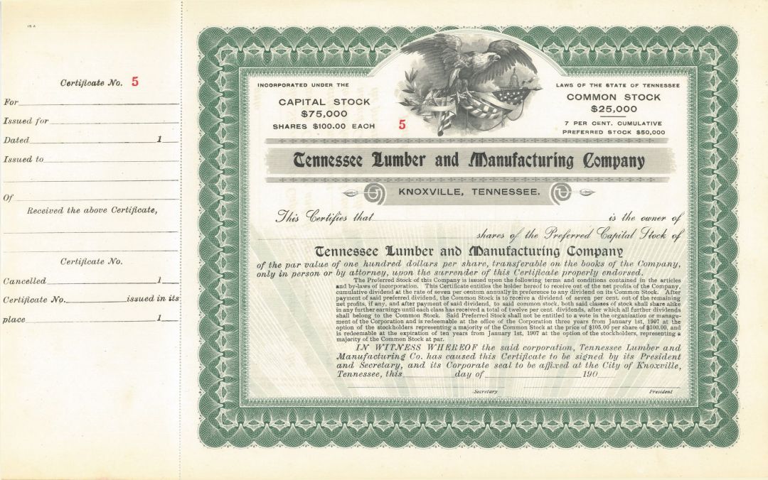 Tennessee Lumber and Manufacturing Co. - circa 1900's Unissued Lumber Stock Certificate