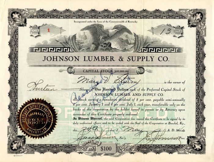 Johnson Lumber and Supply Co. - Stock Certificate