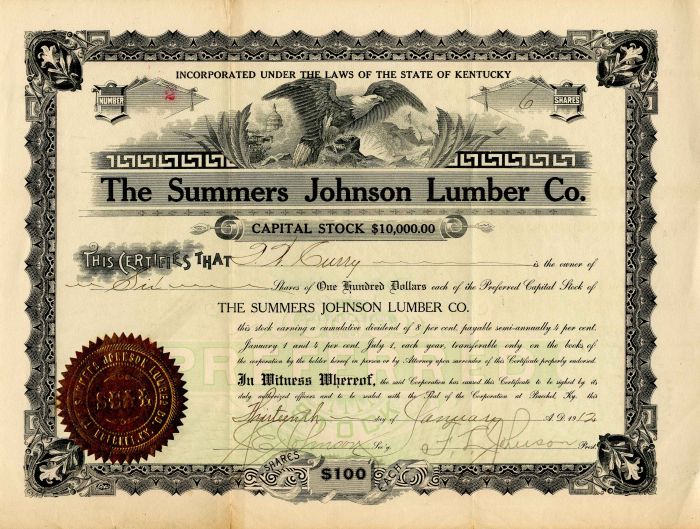 Summers Johnson Lumber Co. - Stock Certificate