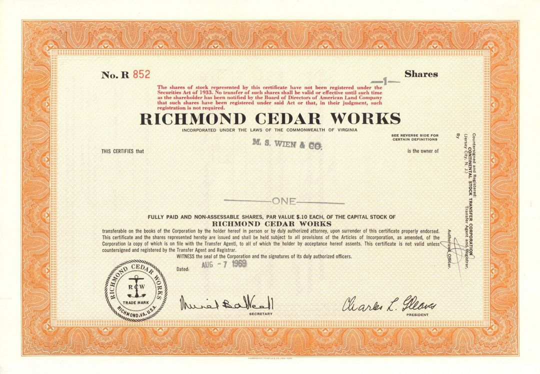 Richmond Cedar Works - Lumber Stock Certificate