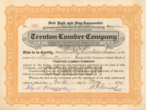 Trenton Lumber Co. - 1929 dated Stock Certificate