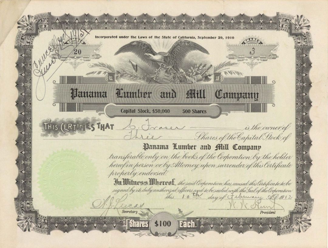 Panama Lumber and Mill Co.  -  1912 dated Stock Certificate