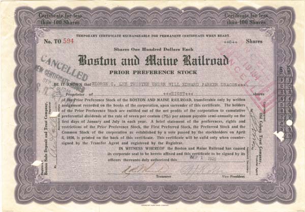 Boston and Maine Railroad - Stock Certificate