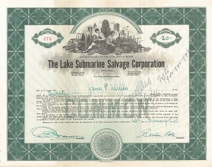 Simon Lake signed Lake Submarine Salvage - 1930's dated Stock Certificate (Uncanceled)