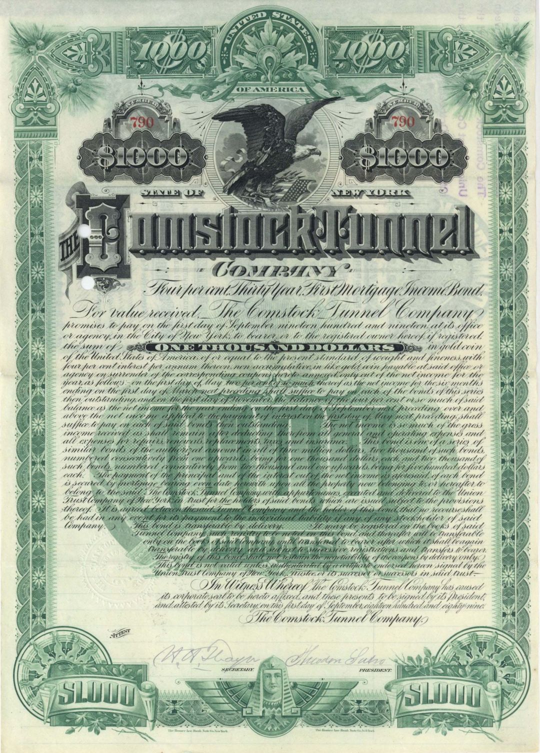 Comstock Tunnel Bond signed by Theodore Sutro (Uncanceled)