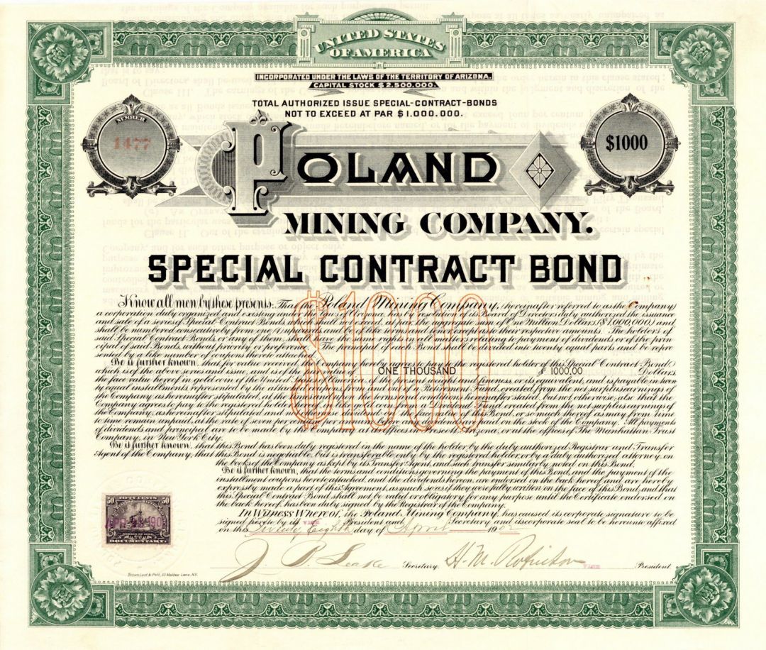 Poland Mining Co. - $100 or $1,000 - Bond