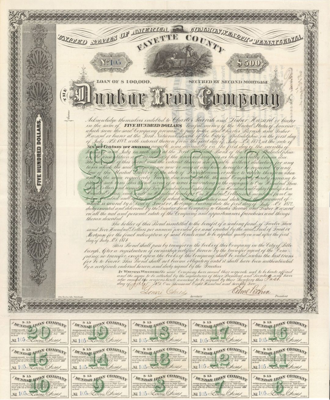 Dunbar Iron Co. - $500 or $100 1872 dated Mining Bond