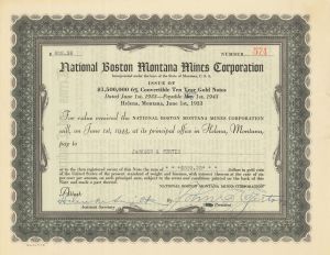 National Boston Montana Mines Corporation -1933 dated Montana Mining Bond