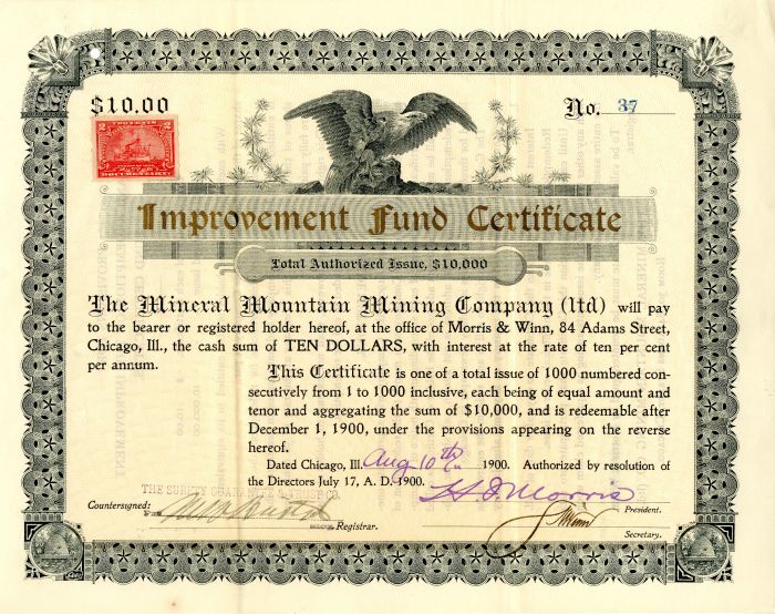 Mineral Mountain Mining Co. - $10 Bond