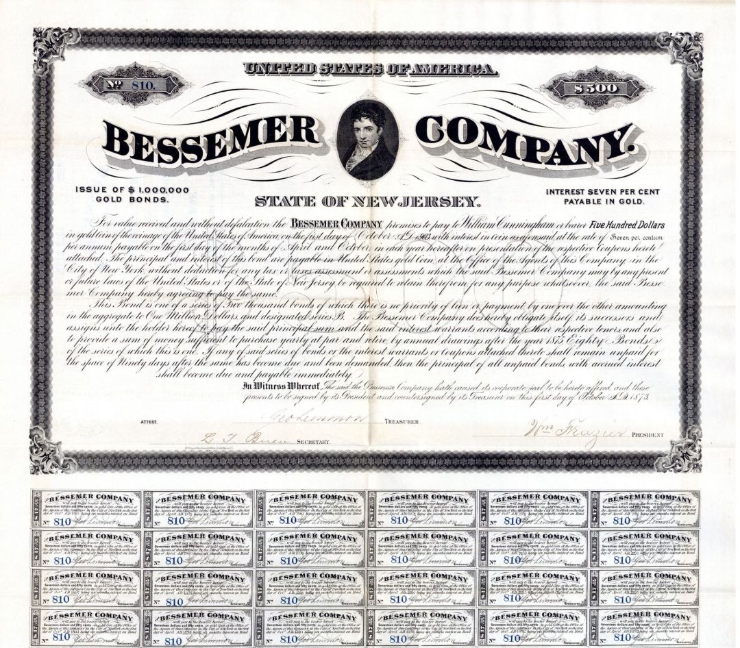 Bessemer Co. dated 1873 - $500 or $100 Bond