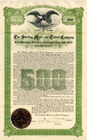 Sterling Mines and Tunnel Co. - 1905 dated $500 Colorado Mining Bond