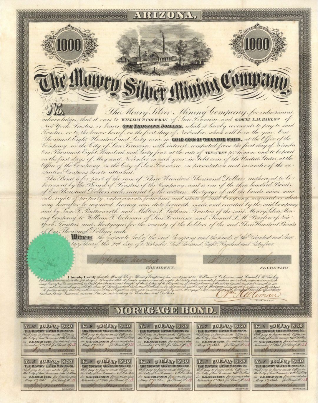 Mowry Silver Mining Co. - 1864 dated $1,000 Mining Bond