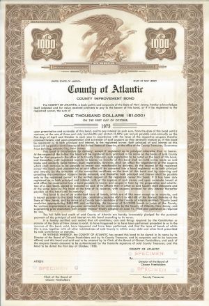 State of New Jersey - County of Atlantic - 1973 $1000 County Improvement Specimen Bond 