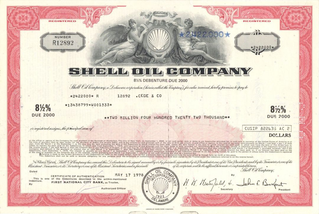 Shell Oil Co. - $2,422,000-$1,000,000 Denominated 1977 or 1978 dated Bond