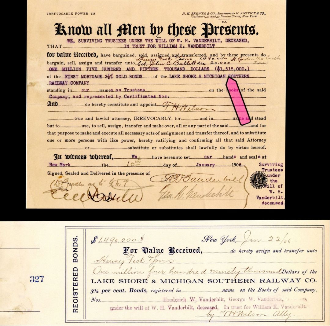 $1,515,000 Lake Shore and Michigan Southern Railway Co. signed by 2 Vanderbilts! -  1906 dated Stock Transfer and Receipt