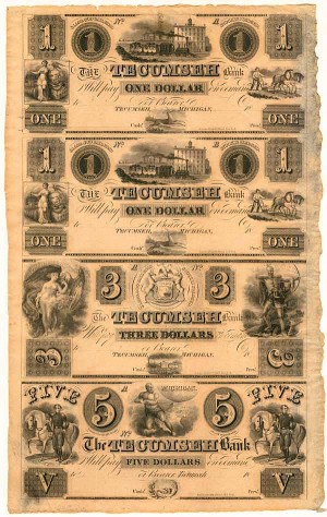The Tecumseh Bank Uncut Obsolete Sheet - Broken Bank Notes
