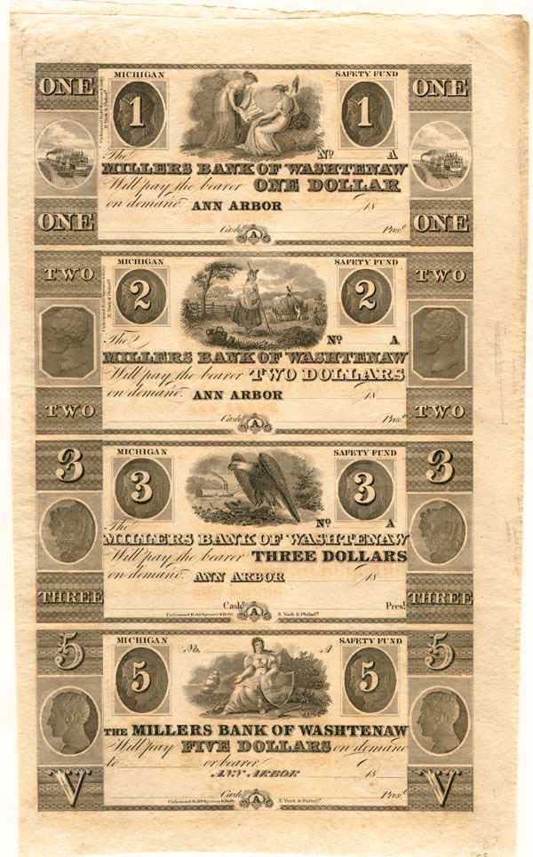 Millers Bank of Washtenaw Uncut Obsolete Sheet - Broken Bank Notes