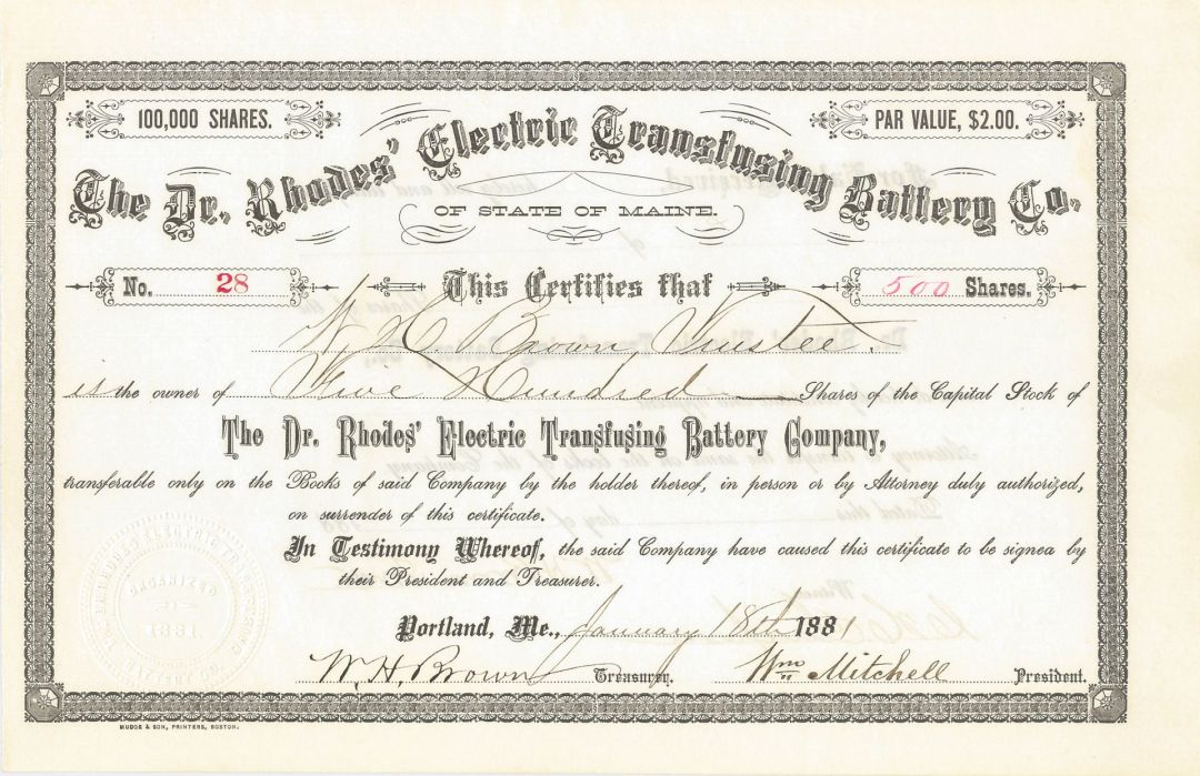 Dr. Rhodes Electric Transfusing Battery Co. - Stock Certificate